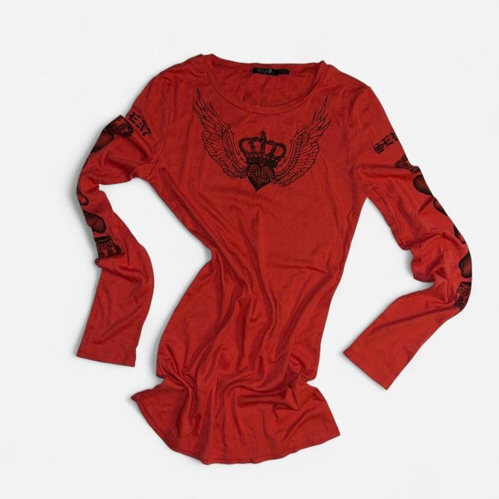 Y2K VINTAGE SEVEN7 CROWN & WINGS LONG SLEEVE TEE